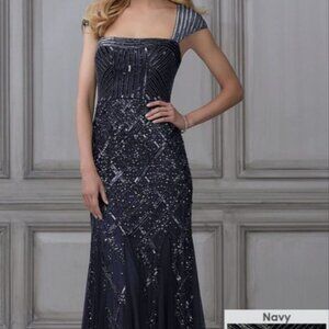SOLD Adrianna Papell Embellished Beaded Cut Out Gown in Navy NWT